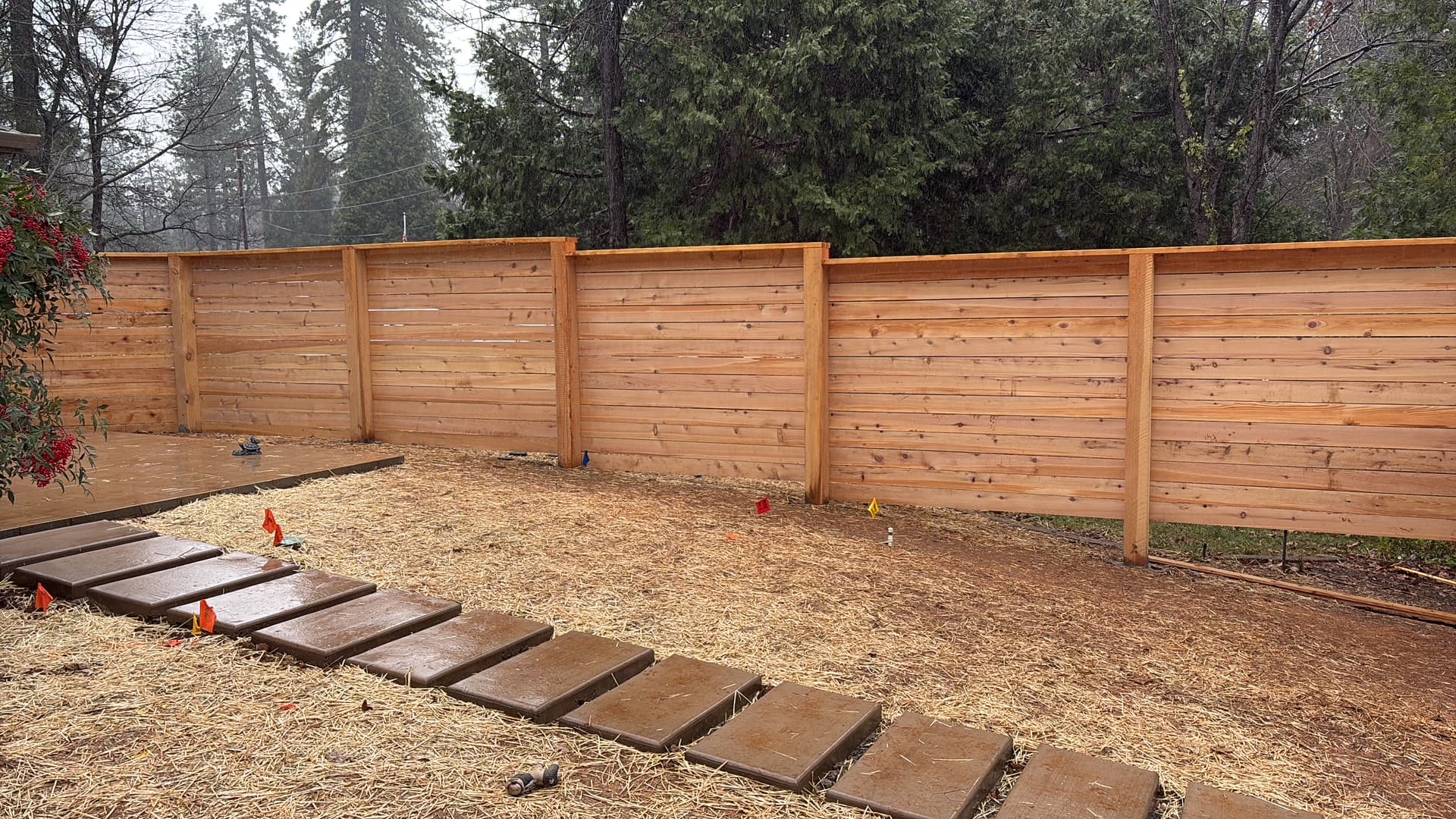Cedar horizontal board privacy fence, residential backyard