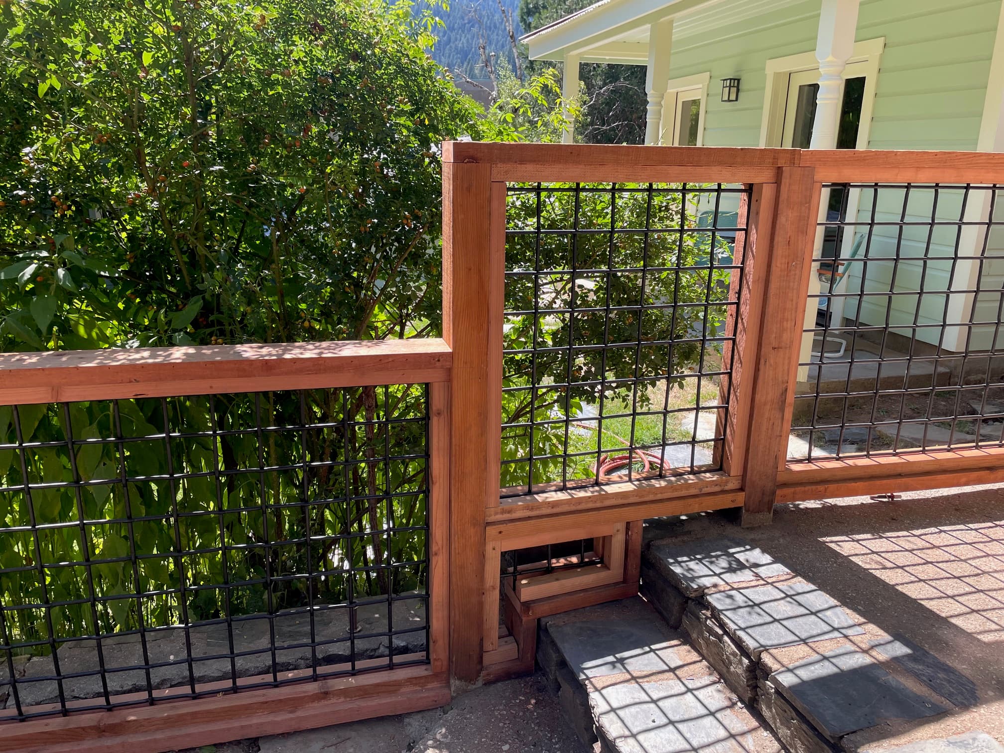 Gate detail, custom wood frame with wire infill