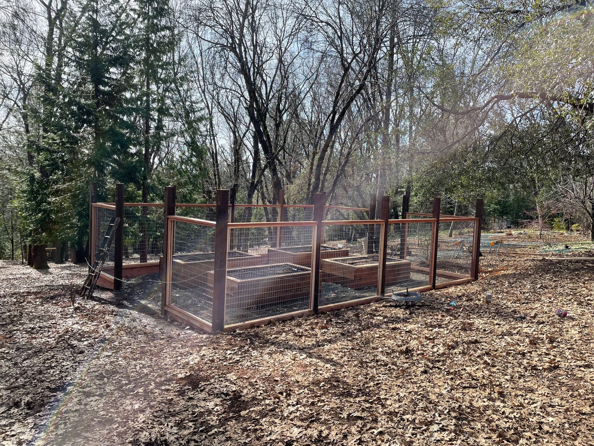 Custom wire yard enclosure with wood frame posts